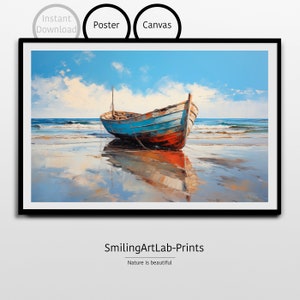 Rustikales Segelboot und Strandszene als Leinwand oder Poster - Kunst im Ölgemäldestil - Küstendeko - Strandszene Ölgemälde