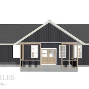 May include: A black and white house with a covered front porch and a double door entrance. The house has a dark gray roof and white trim.