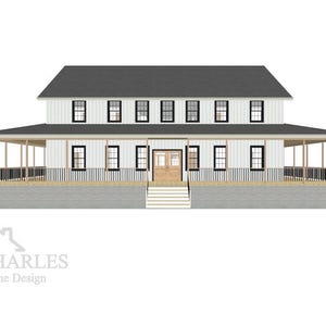 May include: A white farmhouse with a gray roof and a wraparound porch. The house has multiple windows with black frames and a wooden front door.