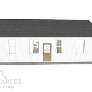 May include: A white house design with a dark grey roof. The house has a light brown door and several windows. The text "CHARLES Home Design" is in the lower left corner.