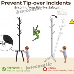 May include: A comparison of two coat racks, one with an anti-toppling device and one without. The rack with the anti-toppling device is shown with a child leaning on it, while the rack without the device is shown tipping over. The text "Prevent Tip-over Incidents" is at the top of the image. The text "Ensuring Your Family's Safety" is below the title. The text "GREENSTELL" is below the image of the rack with the anti-toppling device. The text "With Anti-toppling Device" is below the text "GREENSTELL". The text "Others" is below the image of the rack without the anti-toppling device. The text "Without Anti-toppling Device" is below the text "Others".
