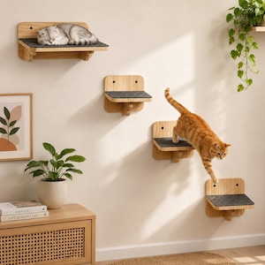 May include: A set of four wall-mounted cat shelves made of light-colored wood with dark gray felt pads on the horizontal surfaces. The shelves are arranged in a staggered pattern on the wall, providing elevated platforms for cats to rest and climb.