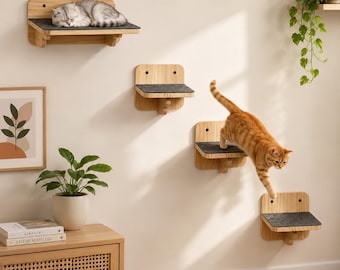 4 Piece Cat Wall Shelves with Scratching Mat | Floating Wooden Cat Steps for Climbing Jumping and Napping | Indoor Cat Furniture