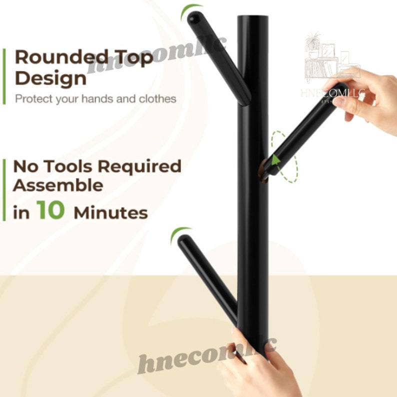 May include: Black metal coat rack with a tree branch design. The rack has rounded tops to protect hands and clothes. The rack is easy to assemble and requires no tools. The text "No Tools Required Assemble in 10 Minutes" is visible in the image.