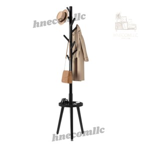 May include: Black wooden coat rack with a round shelf and three legs. The rack has multiple branches for hanging coats, hats, and bags.
