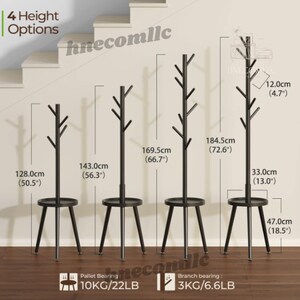 May include: Four black metal coat racks with a round shelf at the bottom. The racks are shown in different heights: 50.5 inches, 56.3 inches, 66.7 inches, and 72.6 inches. The text "4 Height Options" is shown in the top left corner of the image.