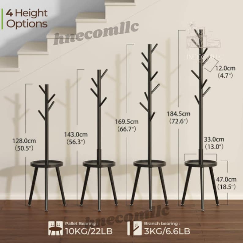May include: Four black metal coat racks with a round shelf at the bottom. The racks are shown in different heights: 50.5 inches, 56.3 inches, 66.7 inches, and 72.6 inches. The text "4 Height Options" is shown in the top left corner of the image.