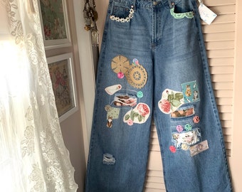 UPCYCLED Patchwork Cat Lover Denim Flare Jeans Boho Cottagecore