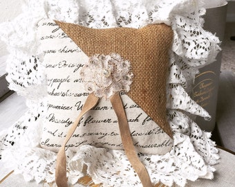 Burlap and Antique Lace Bohemian Country Elegance Ring Pillow