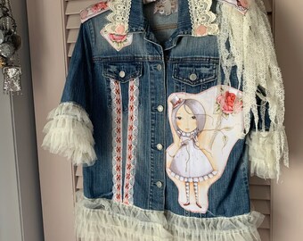 UPCYCLED Dreamy Girl Glitter and Lace Hand Embellished Denim Jacket