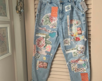 UPCYCLED Patchwork Remade Shabby Chic Bohemian Floral Jeans-Freely Born