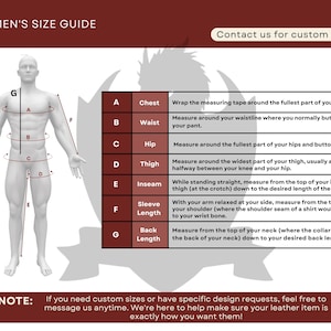 May include: A size guide for men's clothing, featuring a diagram of a male figure with measurement points labeled A through G. The guide provides instructions for measuring chest, waist, hip, thigh, inseam, sleeve length, and back length. Text at the top says "MEN'S SIZE GUIDE".