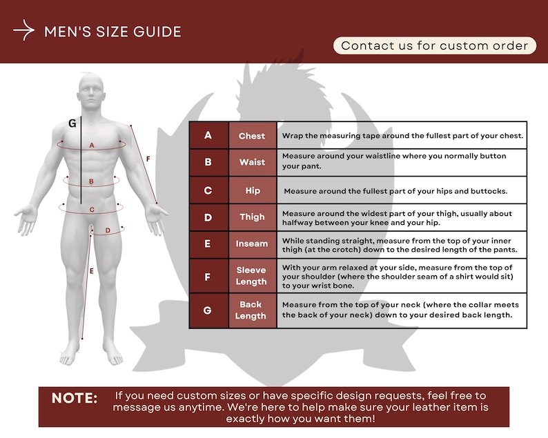 May include: A size guide for men's clothing, featuring a diagram of a male figure with measurement points labeled A through G. The guide provides instructions for measuring chest, waist, hip, thigh, inseam, sleeve length, and back length. Text at the top says "MEN'S SIZE GUIDE".