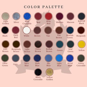 May include: A color palette chart featuring a variety of colors, including shades of red, blue, green, and brown. Each color is displayed in a circular swatch with its name underneath. The text "COLOR PALETTE" is at the top.