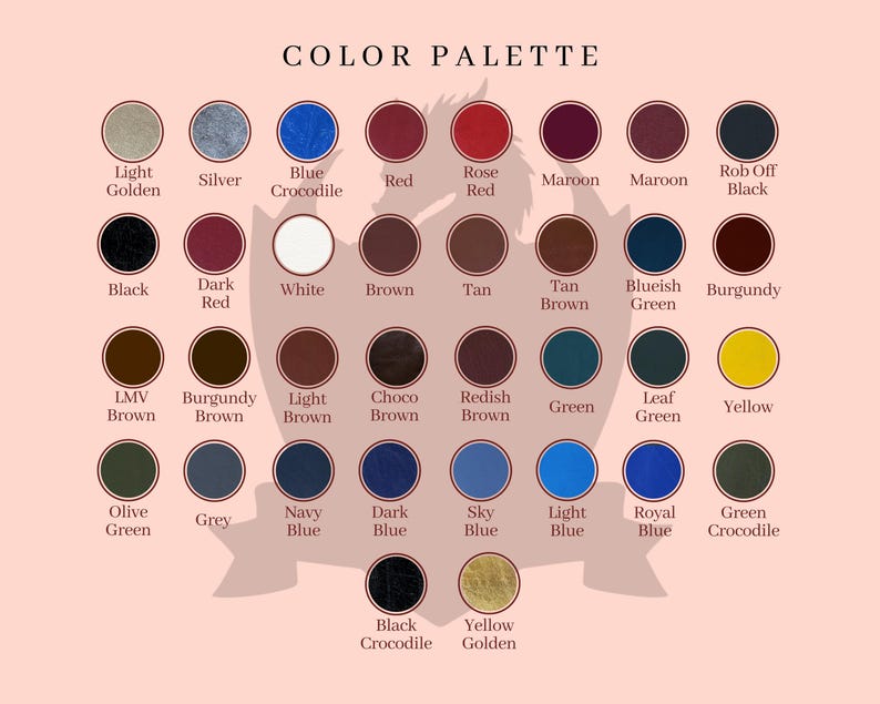 May include: A color palette chart featuring a variety of colors, including shades of red, blue, green, and brown. Each color is displayed in a circular swatch with its name underneath. The text "COLOR PALETTE" is at the top.