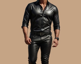 Slim Fit Leather Shirt: Handmade Black Biker Style