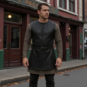 Genuine Black Leather Medieval Jerkin – Custom Sized Renaissance Vest with Belt, Handmade