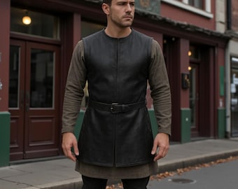 May include: A black leather vest with a matching belt, worn over a long-sleeved brown shirt. The vest has a simple, sleeveless design and a button-up front. The belt is buckled at the waist. The outfit is completed with black pants.