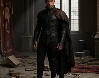 Leren Dark Warrior-harnasset met kastanjebruine cape – echt leer – middeleeuwse fantasie-outfit