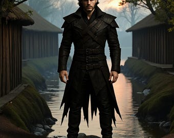 Gothic Ranger Men’s Leather Coat | Genuine Leather Trench with Buckles | Medieval Fantasy Inspired Jacket