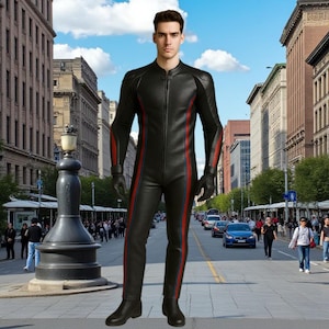May include: A black leather jumpsuit with red and blue stripes down the sides and arms. The suit has a stand-up collar and a front zipper. The person is wearing black gloves and boots. The background is a city street with buildings and cars.