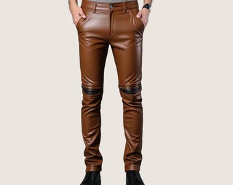 Handmade Brown Leather Biker Pants: Slim Fit, Custom Tailored