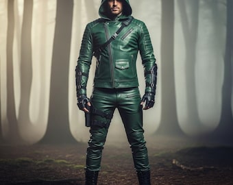 Green Hooded Leather Costume for Men – Archer Inspired Cosplay Suit – Custom Made