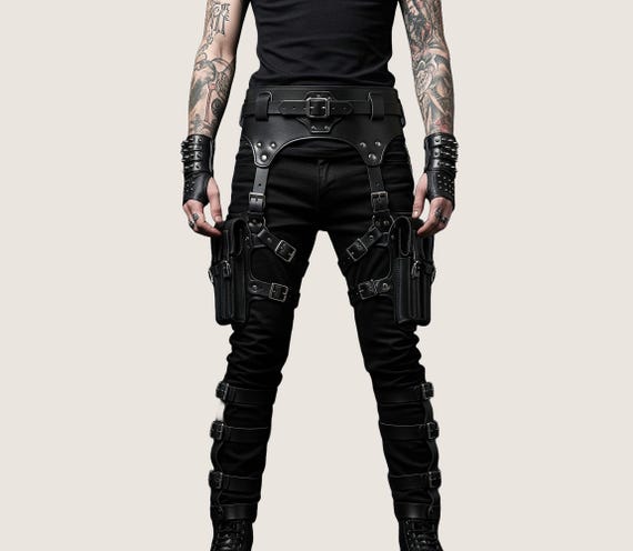 Men's Leather Leg Harness, Cyberpunk Biker Utility Gear