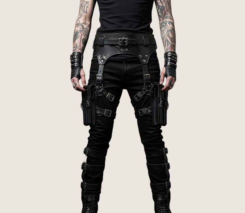 May include: Black leather harness with multiple buckles and pouches. The harness is worn over black pants and includes a belt, suspenders, and leg straps. The design is a mix of utility and gothic style.