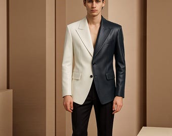 Men’s Two-Tone Genuine Leather Blazer | Black & White Designer Jacket | Handmade Formal Fashion Coat |