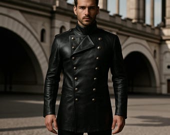 Men’s Genuine Leather Double-Breasted Officer Coat | Gothic Military Trench Style Jacket | Custom Handmade Outerwear