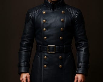 Men’s Genuine Leather Military Double Breasted Coat – Long Steampunk Trench with Belted Waist