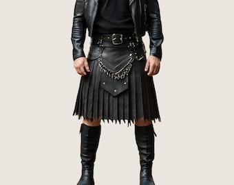 Handmade Black Leather Kilt: Gothic Gladiator Style