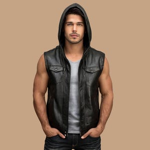 Handmade Black Leather Hooded Jacket: Casual Biker Style