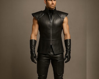 Chaleco sin mangas de cuero genuino para hombre / Traje de diseñador negro / Moda gótica futurista de cuero