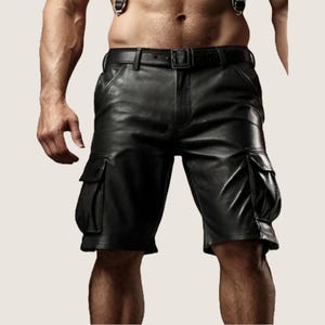 Handmade Black Leather Cargo Shorts - Biker Style