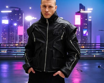 Futuristic Black Leather Armor Jacket | Cyberpunk Tactical Streetwear | Techwear Biker Style | LeatherPointNY Exclusive