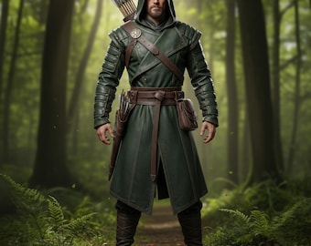 May include: A person wearing a dark green hooded leather tunic with brown leather accents, a quiver of arrows, and a bow. The person is standing in a forest setting with a path.