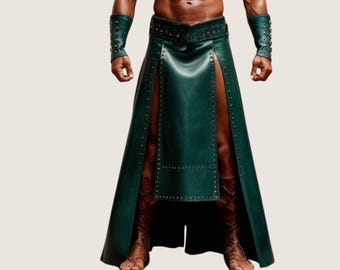 Real Sheep Leather Long Kilt + Gauntlets: Mens Green Gladiator Warrior Design