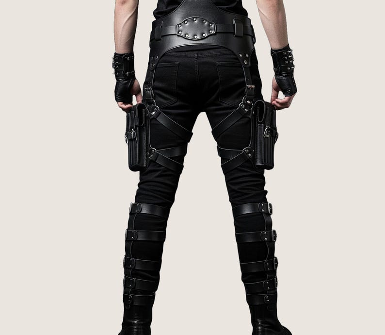 May include: Black leather harness with multiple straps, buckles, and pouches. The harness includes a belt, leg straps, and two pouches. The design features a studded belt and is worn over black pants. The overall style is gothic or steampunk.