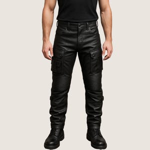 Men's Black Leather Moto Cargo Pants , Slim Fit Biker Style Trousers with Pockets, Genuine Leather Handmade Casual Pant, Gift For Him