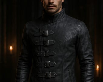 May include: Black leather jacket with a high collar and an asymmetrical design. It has five decorative buckles and a zipped pocket. The sleeves have a ribbed pattern near the wrist. The jacket is made of textured leather.