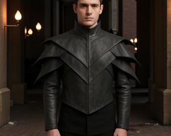 Men’s Genuine Leather Layered Shoulder Jacket | Unique Fantasy Armor-Inspired Design | Custom Tailored