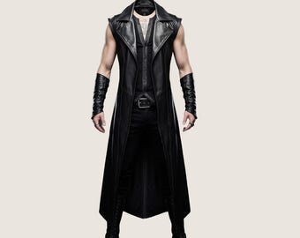 Abrigo largo gótico de cuero negro sin mangas para hombre: traje medieval