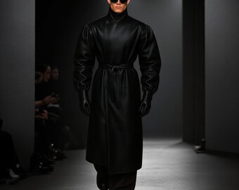 Echtes Leder schwarzer Matrix-inspirierter Trenchcoat für Herren | Nach Maß, langer Mantel
