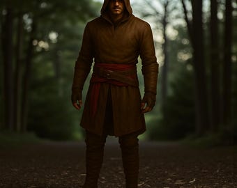 Handgefertigtes Leder Kapuzen Outfit für Männer | Custom Fit Langer Brauner Mantel | Mittelalterliche Fantasy Streetwear