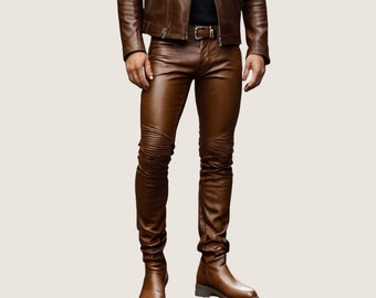 Handmade Slim Fit Brown Leather Pants - Biker Style