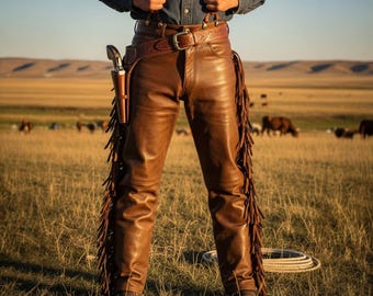 Men’s Genuine Leather Western Chaps – Handmade Fringe Rodeo Outfit