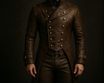 May include: A brown leather coat with a double-breasted design and gold-colored buttons. The coat has a high collar and long sleeves. The person in the image is wearing matching brown leather pants. The coat is a classic style.
