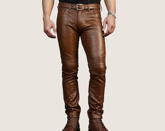 Handmade Brown Leather Biker Pant - Slim Fit Stylish Design
